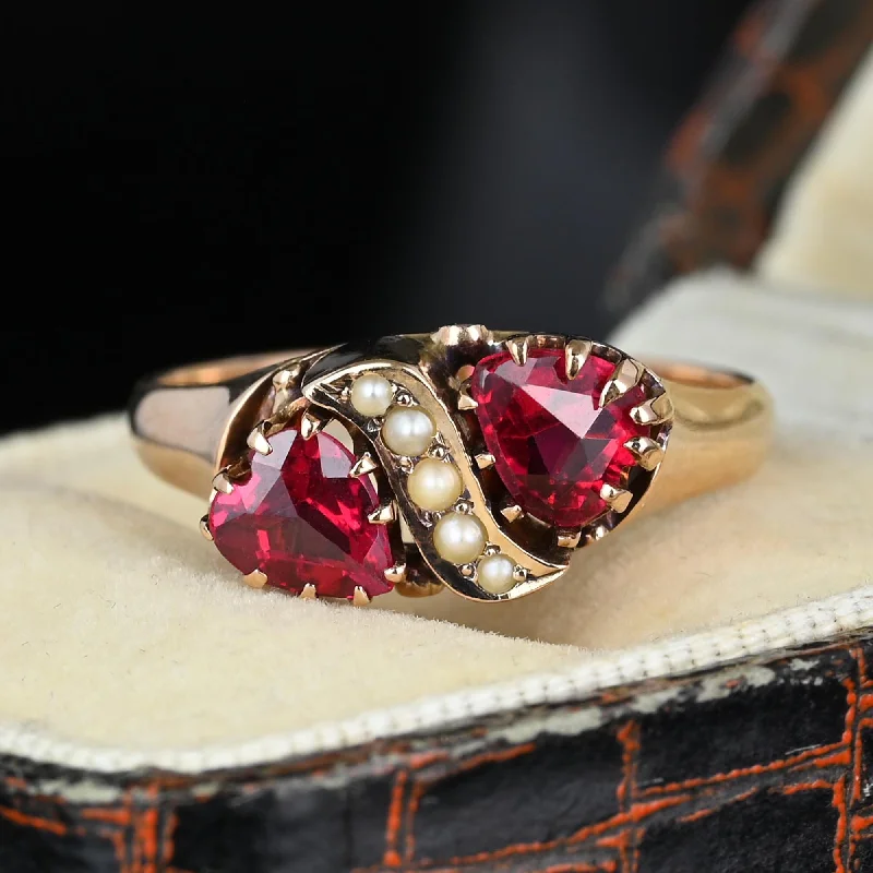 Ladies large gemstone ring-Antique Edwardian Seed Pearl Pink Garnet Heart Ring