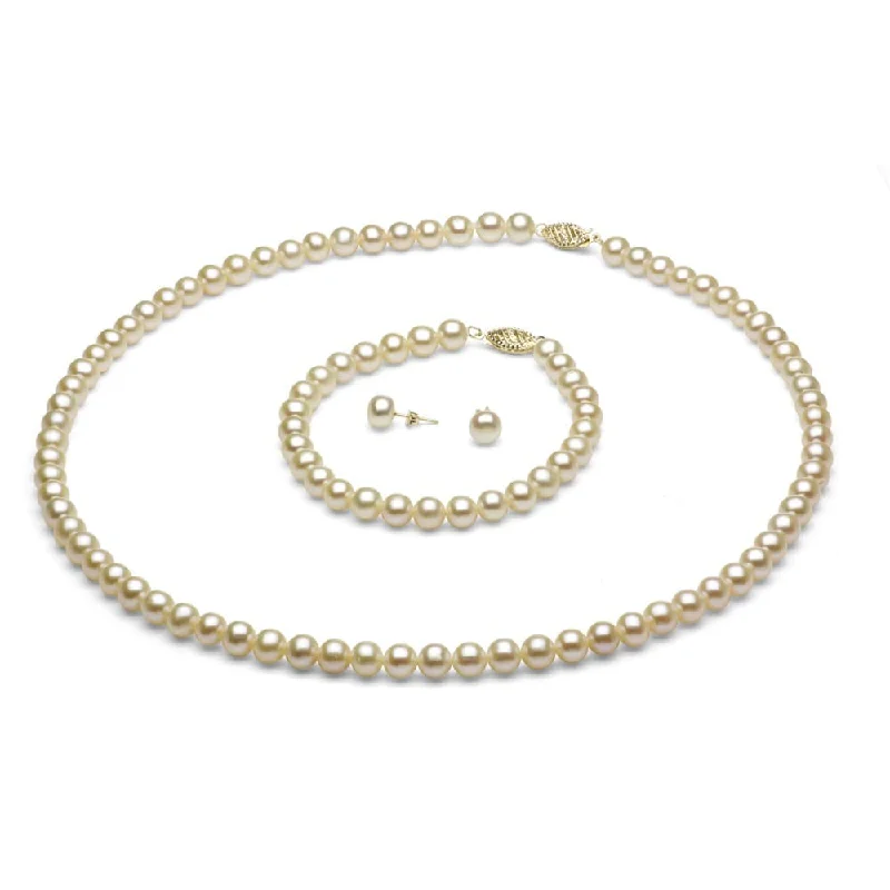 Ladies engraved gold bracelet-DaVonna 14k Gold 6-7 mm White Freshwater Pearl Necklace Bracelet and Earring Set