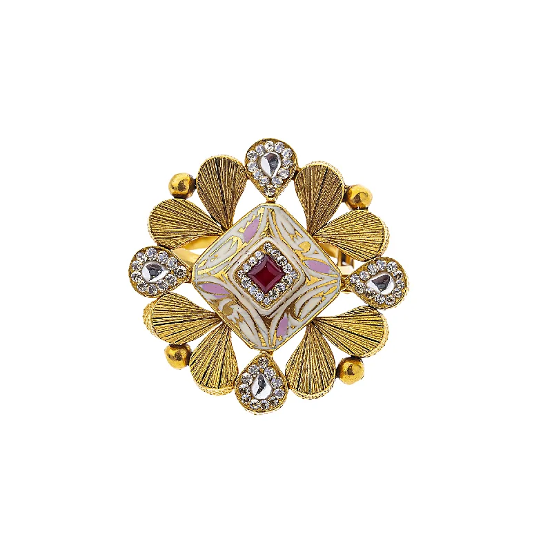 Ladies handcrafted gemstone ring-22K Yellow Gold, CZ & Ruby Cocktail Ring (8gm)