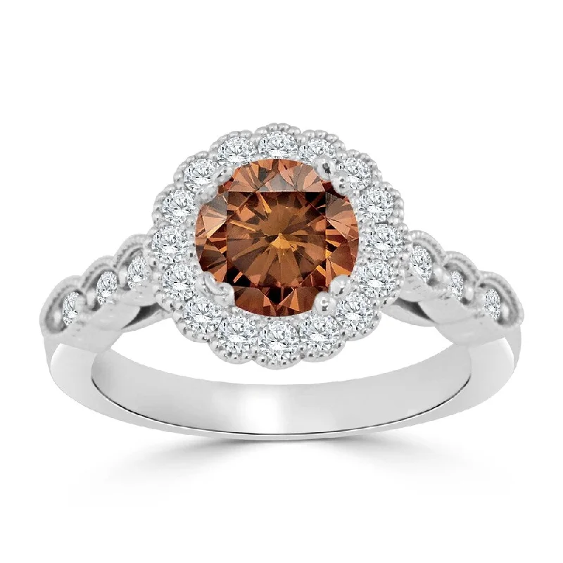 Ladies rose gold engagement rings-Auriya 14k Gold Vintage Inspired 1 1/2ct TDW Round Brown Diamond Floral Halo Engagement Ring