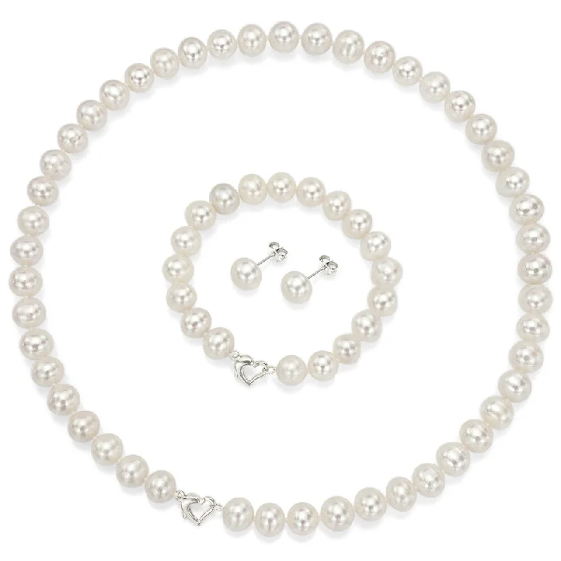 Ladies tennis bracelet-DaVonna Sterling Silver 7-7.5mm White Freshwater Pearl Necklace 18" Bracelet 7"and Earring Stud Jewelry Set