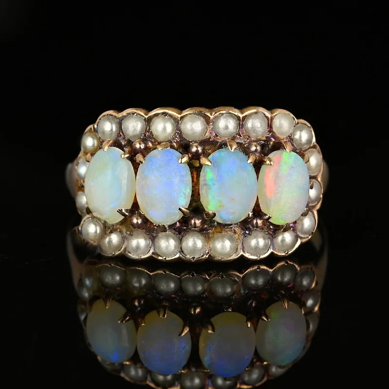 Ladies wedding ring with diamonds-Antique Victorian 14K Gold Pearl Halo Opal Ring, East West