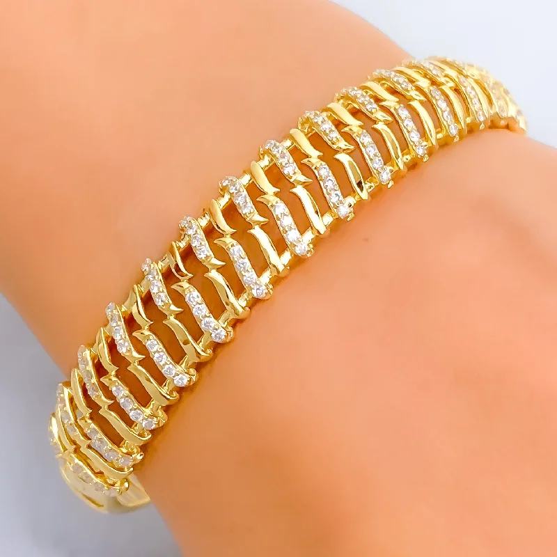 Ladies luxury bracelet-Shiny Alternating Striped Diamond + 18k Gold Bangle Bracelet