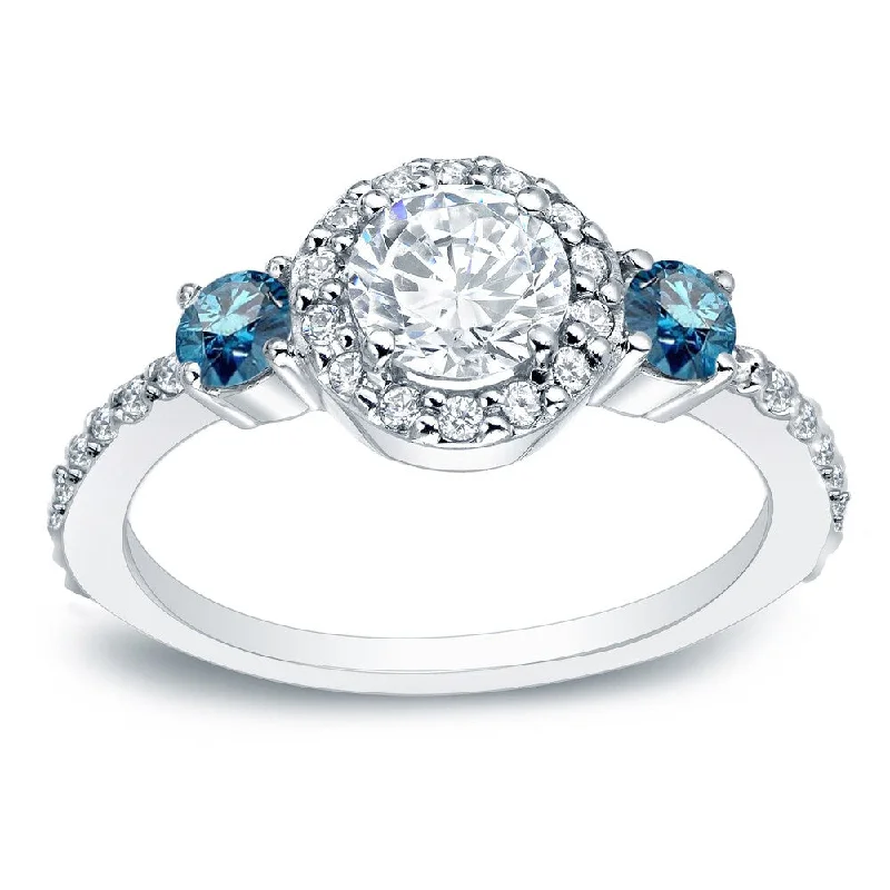 Ladies radiant cut diamond engagement rings-Auriya 3/4ctw Round 3 Stone Halo Blue Diamond Engagement Ring 14k Gold