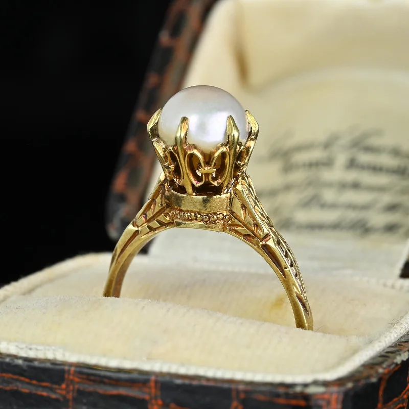 Ladies black ring-Antique 14K Gold High Profile Pearl Solitaire Ring