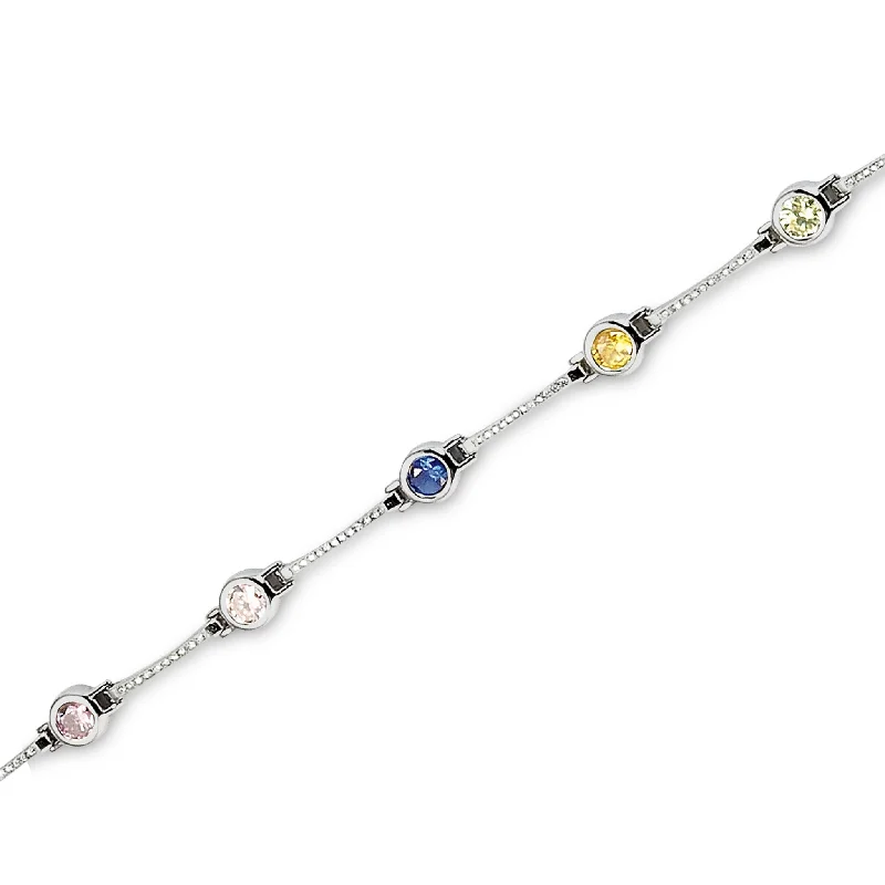 Ladies matching bracelet set-Platinum Finished Sterling Silver Bracelet with Simulated Diamonds and Facet Cut Multicolored Stones