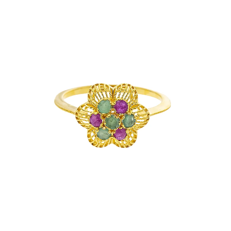 Ladies halo ring-22K Yellow Gold, Emerald & Ruby Cocktail (2.8gm)