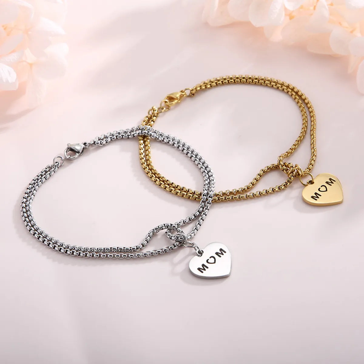 Ladies personalized bracelet-European And American Fashion Stainless Steel Double Pearl Chain Letter Mom Heart Bracelet