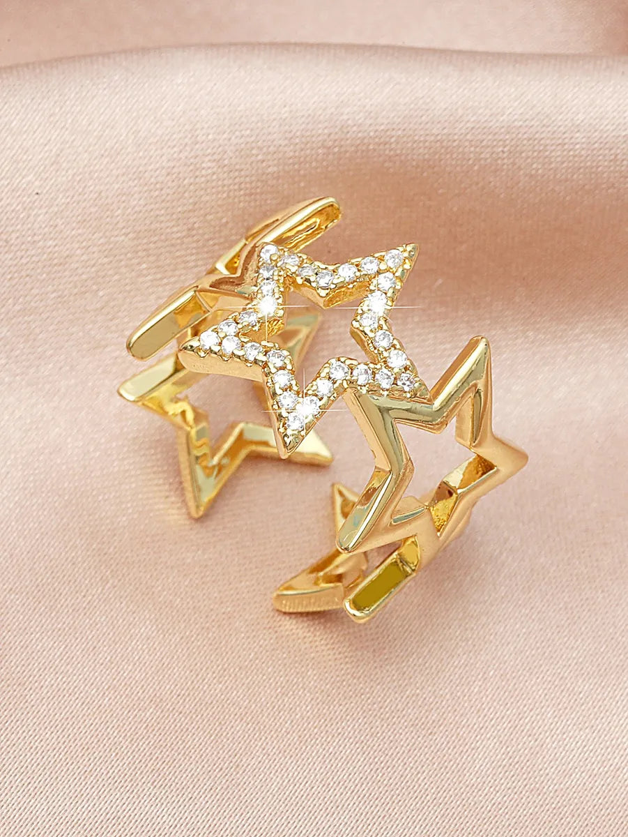 Ladies delicate ring-Elegant Lady Pentagram White Gold Plated Gold Plated Rhinestones Alloy Wholesale Open Rings