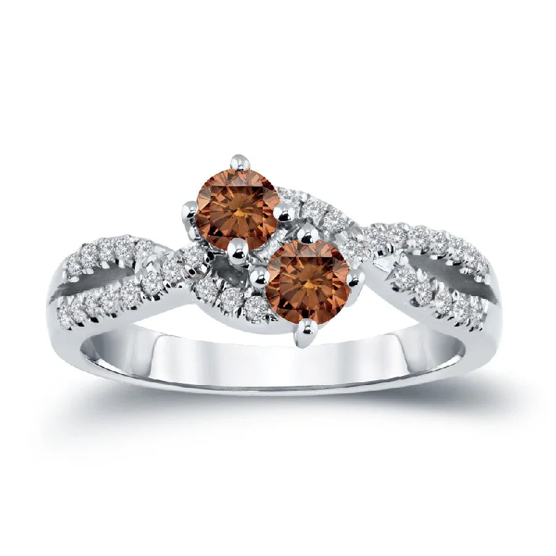 Ladies round cut engagement rings-Auriya Modern 3/4ctw Round 2-Stone Brown Diamond Engagement Ring 14K Gold (H-I, I1-I2)