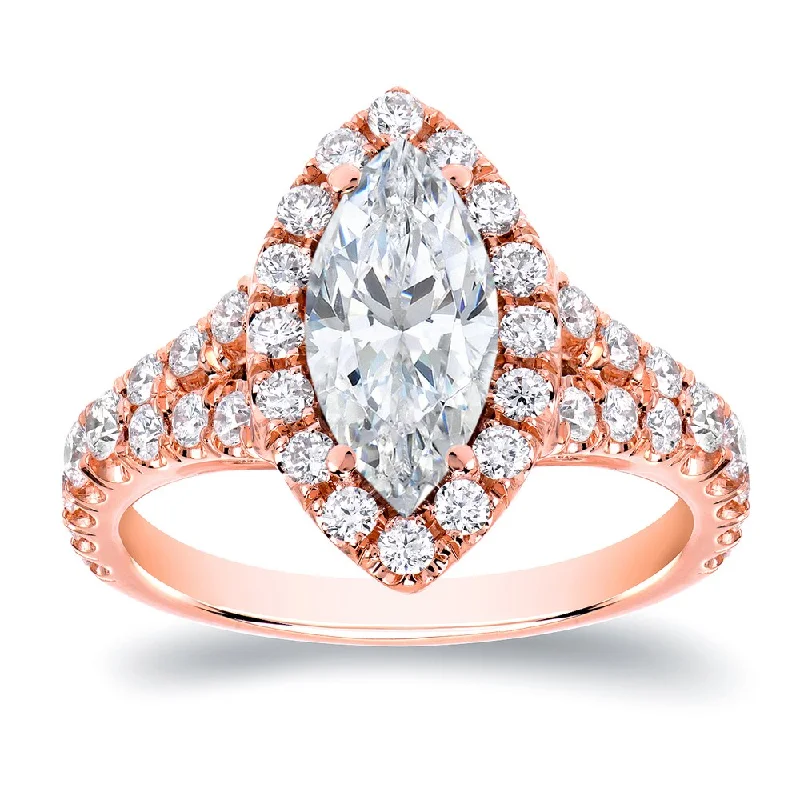 Ladies solitaire diamond engagement rings-Auriya 18k Rose Gold 1 7/8ctw Halo Marquise Diamond Engagement Ring (H-I, SI1-SI2)