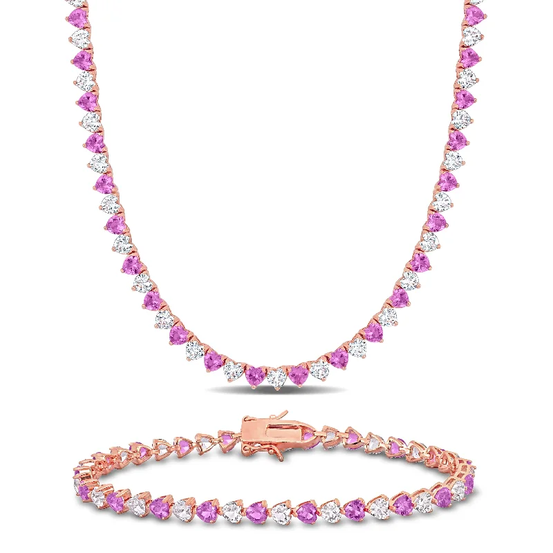 Ladies sleek bracelet-Miadora 43 1/5ct TGW Created Pink and White Sapphire Tennis Necklace and Bracelet Set Rose Plated Silver