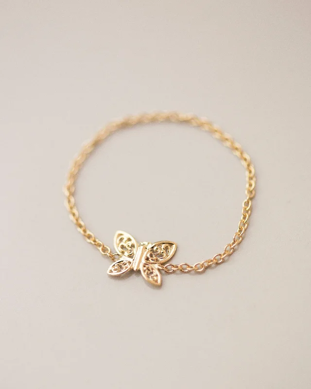 Ladies fine diamond ring-14k Dainty Gold Butterfly Chain ring