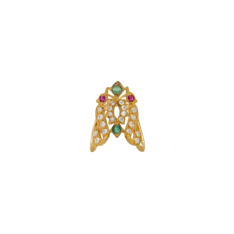 Ladies heart-shaped ring-22K Yellow Gold, CZ, Ruby & Emerald Ring (3.4gm)