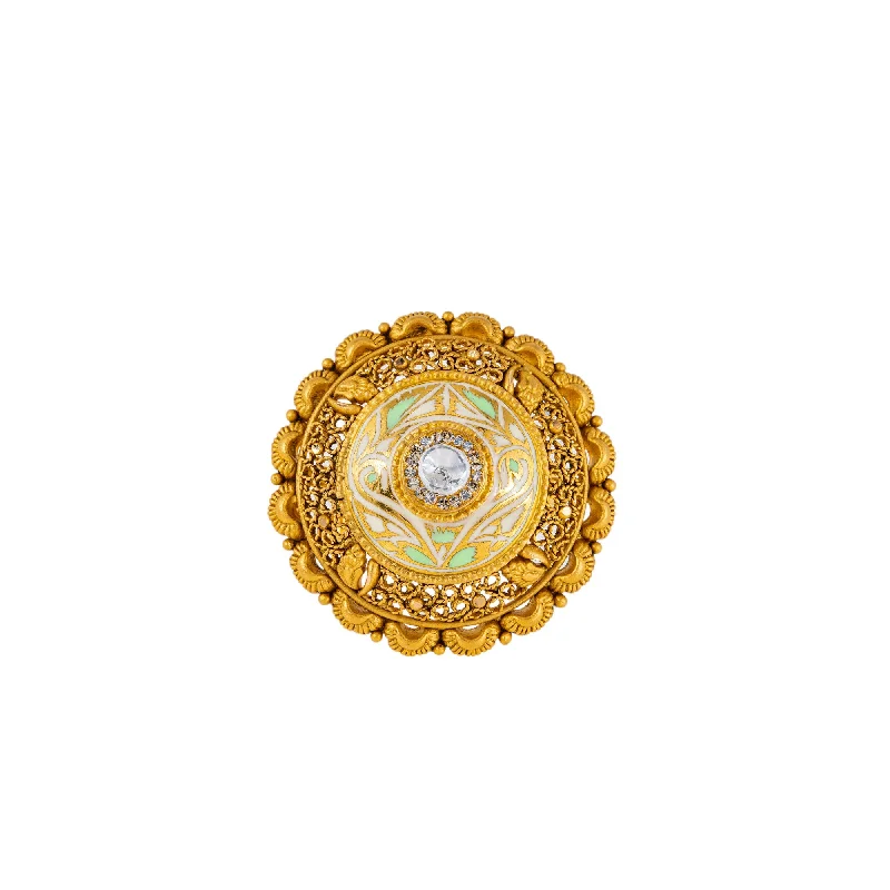 Ladies emerald ring-22K Antique Gold, CZ & Kundan Cocktail Ring (9.2gm)