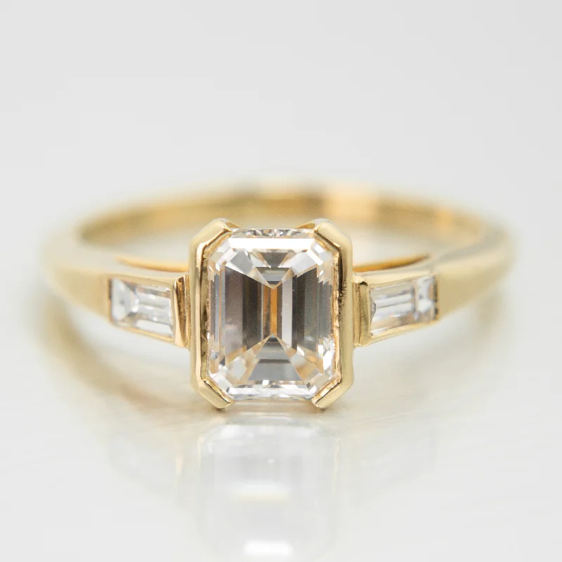 Ladies wedding ring for women-Emerald Cut Diamond Trilogy Ring in 18k Yellow Gold