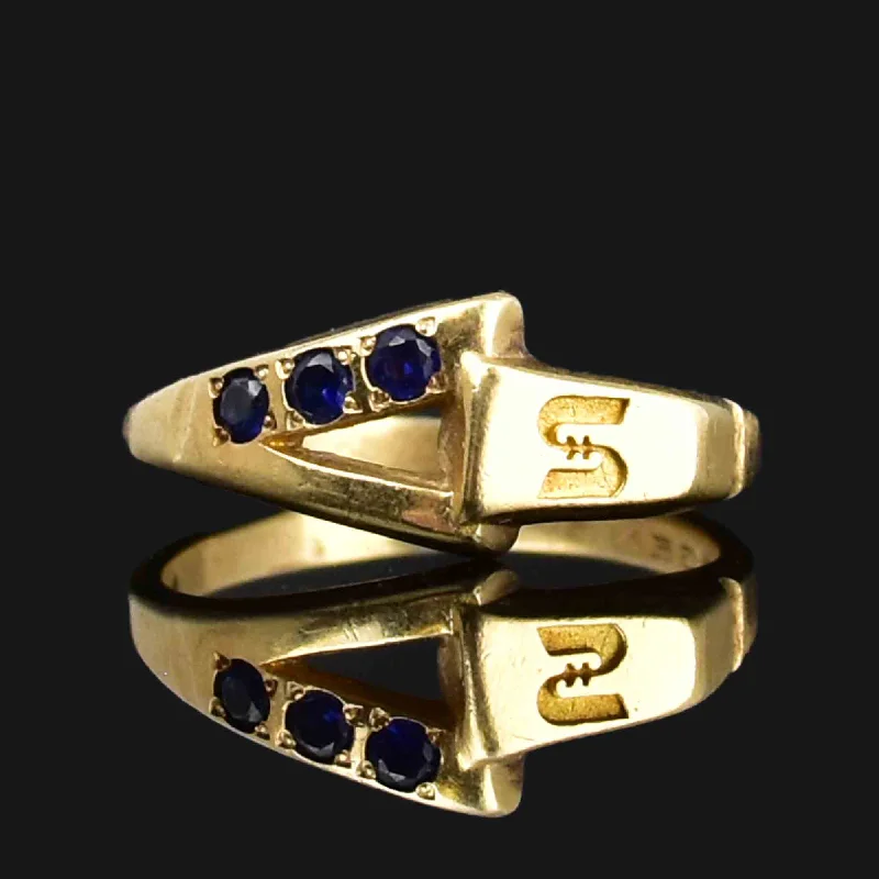 Ladies wedding ring-14K Gold Blue Sapphire S Monogram Band Ring Sz 8