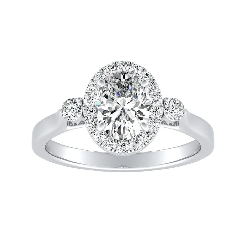 Ladies delicate engagement rings-3-stone Halo Oval Diamond Engagement Ring 1 1/4ctw 18k Gold by Auriya