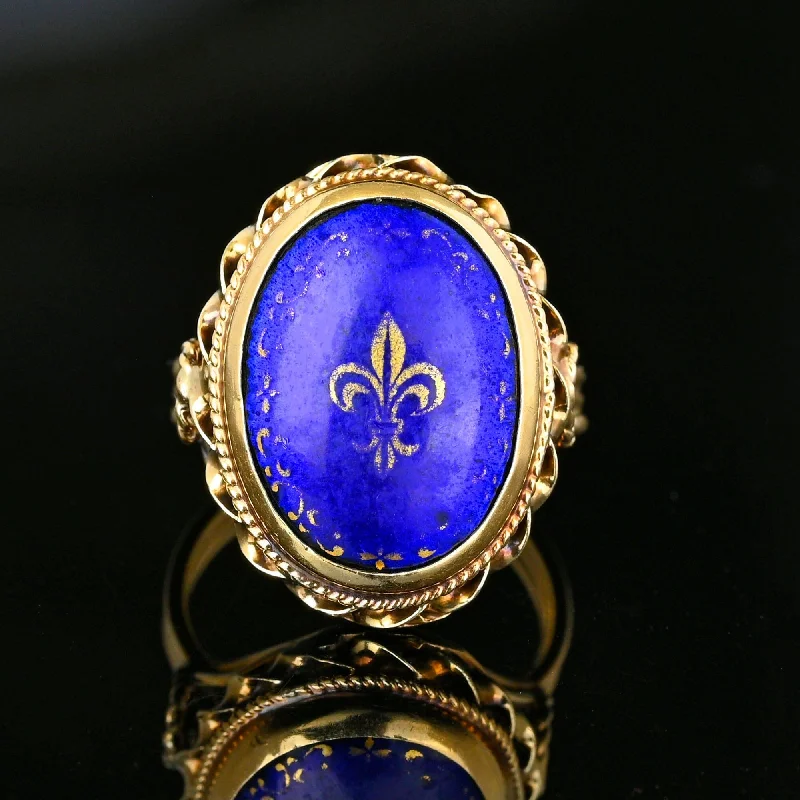 Ladies diamond solitaire ring-Vintage 14K Gold Cobalt Blue Enamel Fleur De Lis Ring