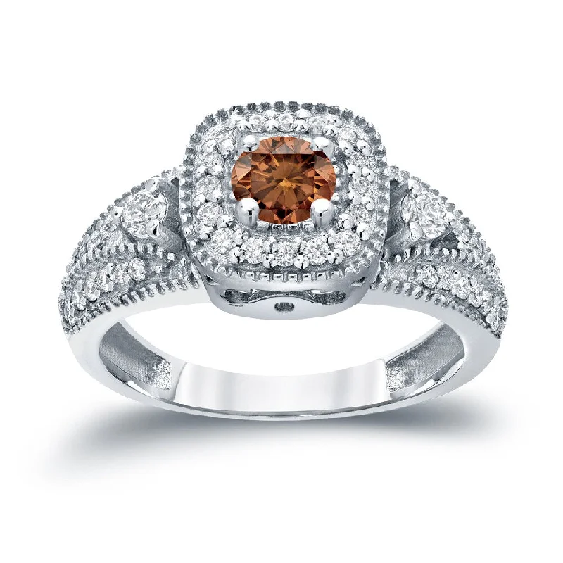 Ladies radiant cut engagement rings-14k Gold Round 3/5ct TDW Vintage Three Stone Brown Diamond Halo Engagement Ring by Auriya (H-I, I1-I2)