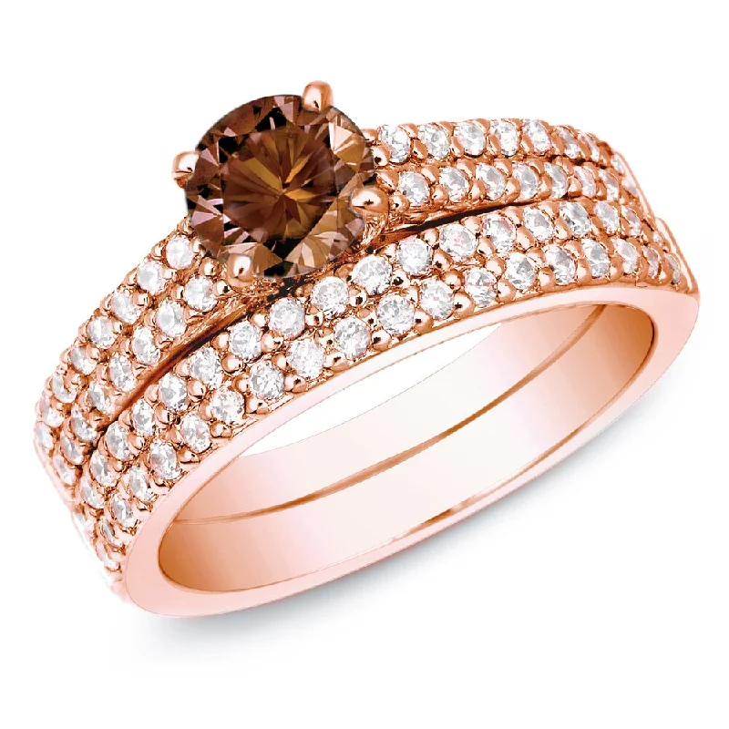 Ladies solitaire diamond engagement rings-Auriya 14k Rose Gold 1 1/2ctw Double Pave Brown Diamond Engagement Ring Set