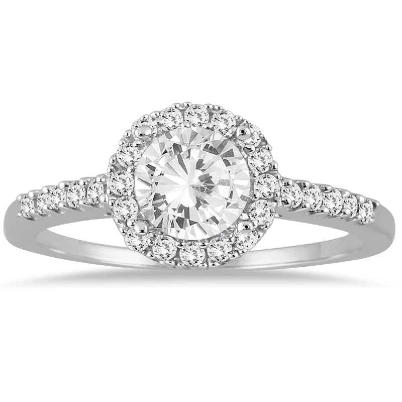 Ladies contemporary engagement rings-AGS Certified 1 Carat TW Diamond Halo Engagement Ring in 10K White Gold (I-J Color, I2-I3 Clarity)