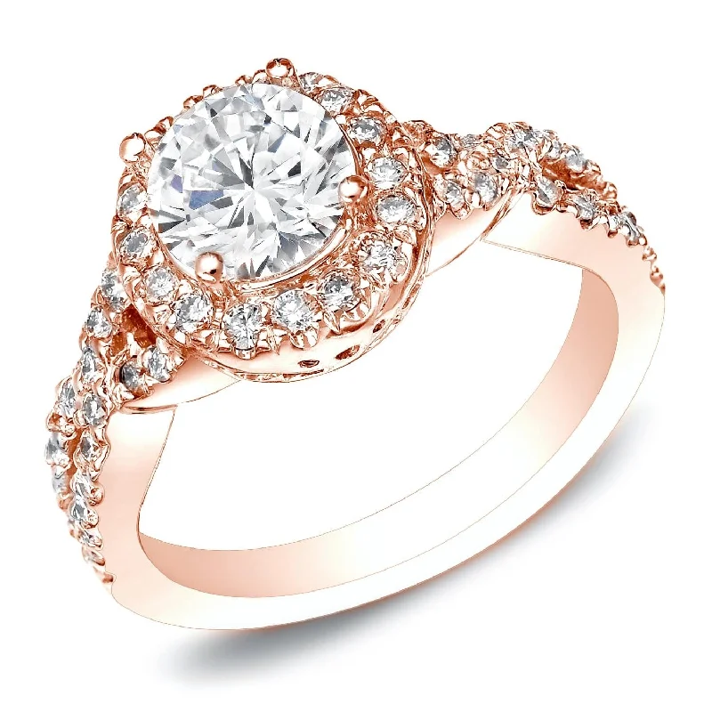 Ladies diamond eternity engagement rings-Auriya 14k Rose Gold 1ctw Twisted Round Halo Diamond Engagement Ring