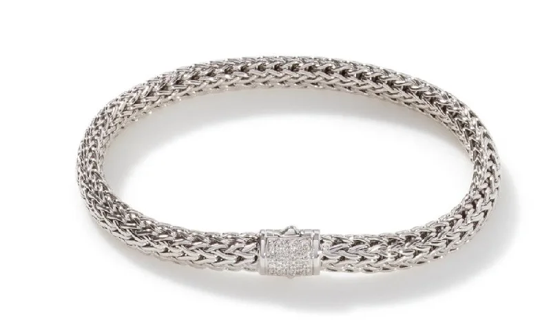 Ladies bangle with crystals-JOHN HARDY Classic ChainSilver Bracelet With Pave Diamond Clasp .17ctw