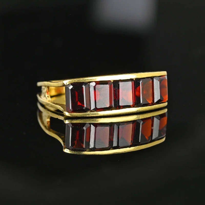 Ladies wedding ring set-Vintage 18K Gold Emerald Cut Garnet Ring, Euro Shank