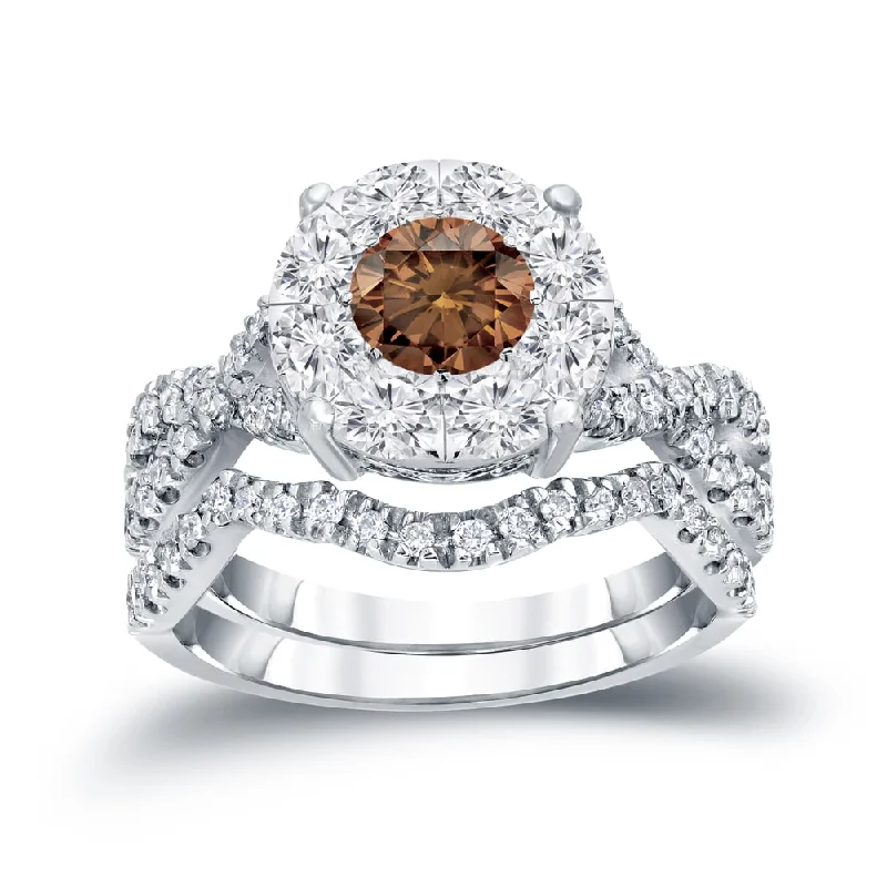 Ladies stackable engagement rings-14k Gold 1 1/5ct TDW Infinity Inspired Brown Diamond Halo Engagement Ring Set by Auriya