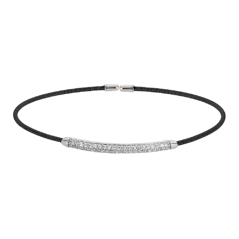 Ladies hammered bracelet-Sterling Silver Cable Bracelet With Double Rows of Simulated Diamonds