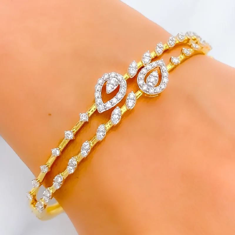 Ladies sterling silver bracelet-Leaf Accented Diamond + 18k Gold Bangle Bracelet