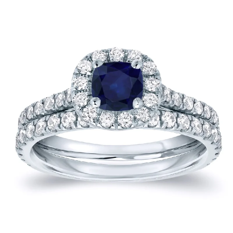 Ladies sapphire engagement rings-Auriya Platinum 2/5ct Blue Sapphire and 3/5ctw Halo Diamond Engagement Ring Set