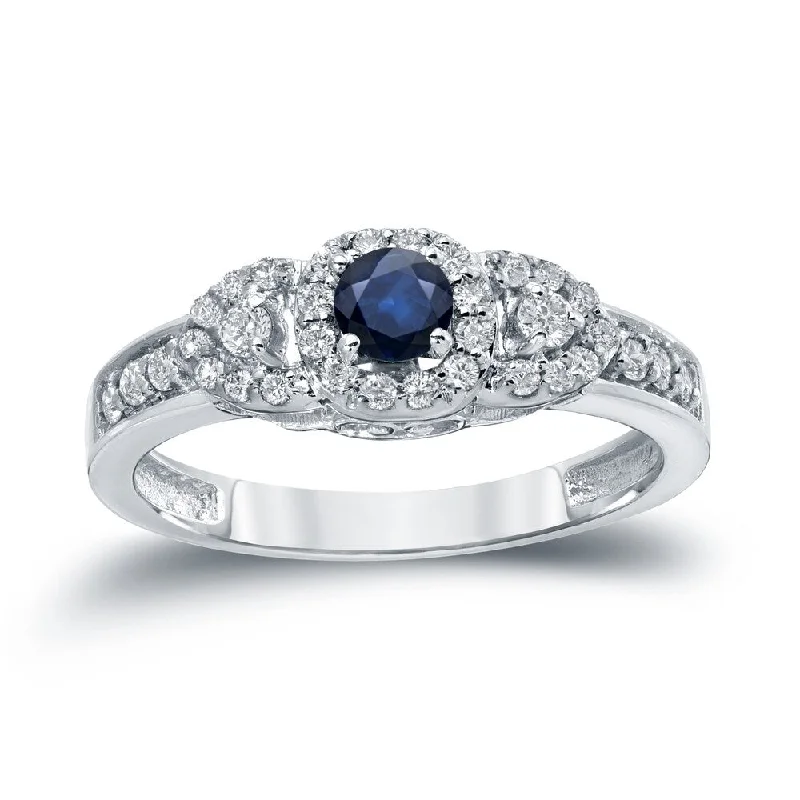 Ladies custom-designed engagement rings-Auriya 1/5ct Blue Sapphire and 1/10ct TDW Diamond Halo Engagement Ring 14k Gold