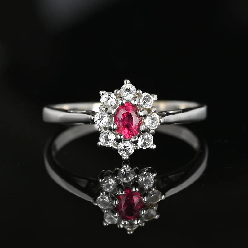 Ladies halo engagement ring-Vintage 14K White Gold Red Spinel Halo Cluster Ring