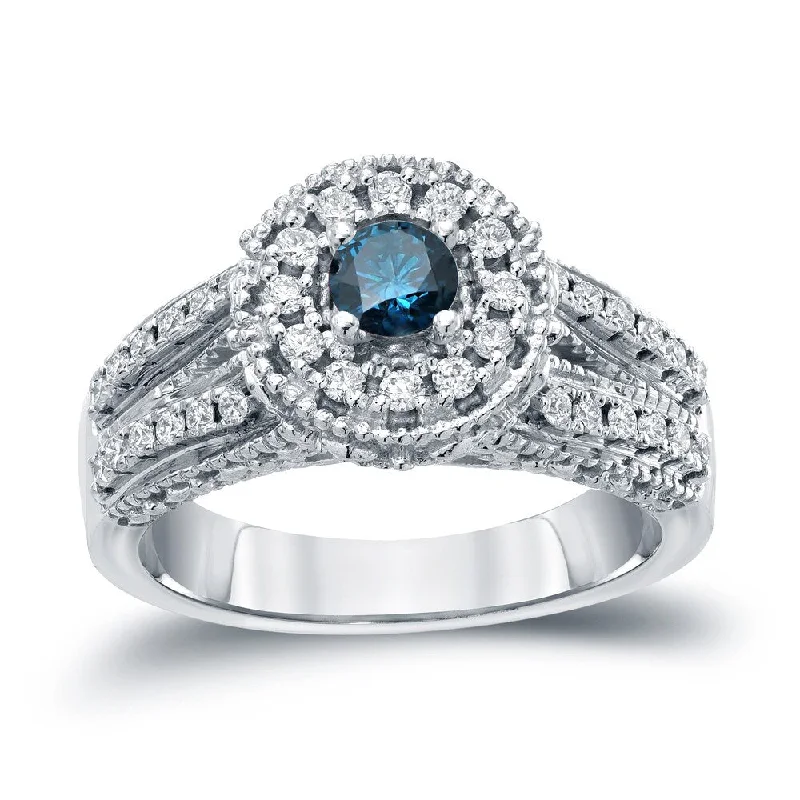 Ladies vintage inspired engagement rings-14k Gold Round 3/4ct TDW Blue Diamond with Halo Engagement Ring by Auriya