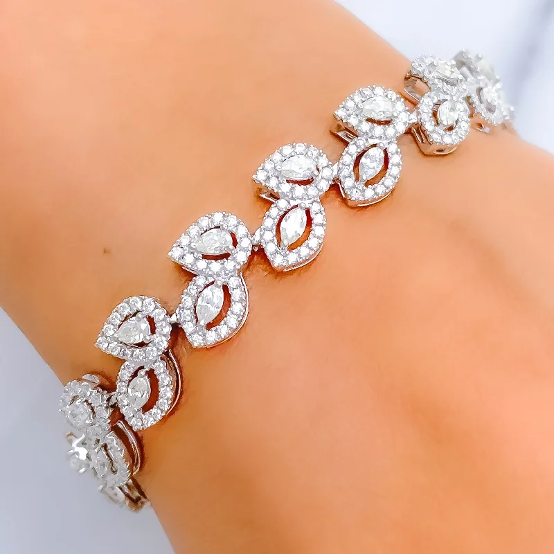 Ladies silver bangle-Magnificent Diamond Leaf + 18k Gold Bracelet