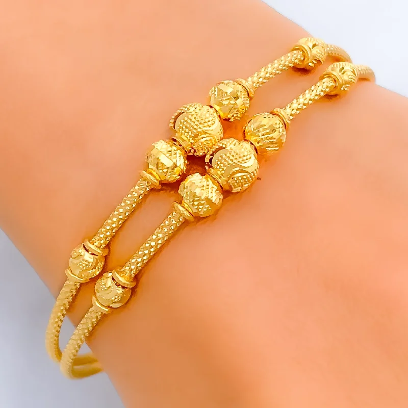 Ladies engraved charm bracelet-Textured Wavy Orb 22k Gold Bangle Bracelet