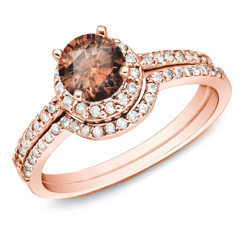 Ladies solitaire engagement rings-Auriya 14k Rose Gold 1ctw Brown Diamond Halo Engagement Ring Set