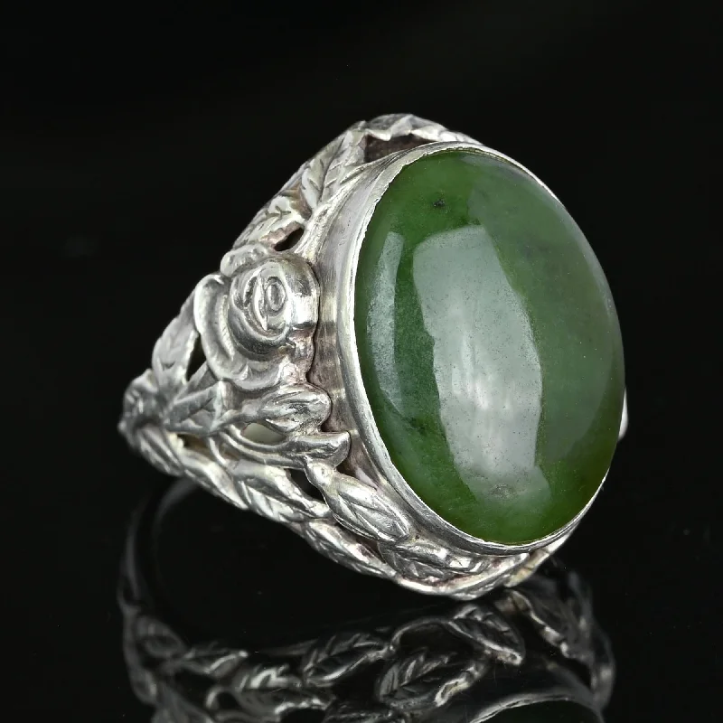 Ladies sparkling diamond ring-Large Arts and Crafts Silver Green Moss Agate Ring