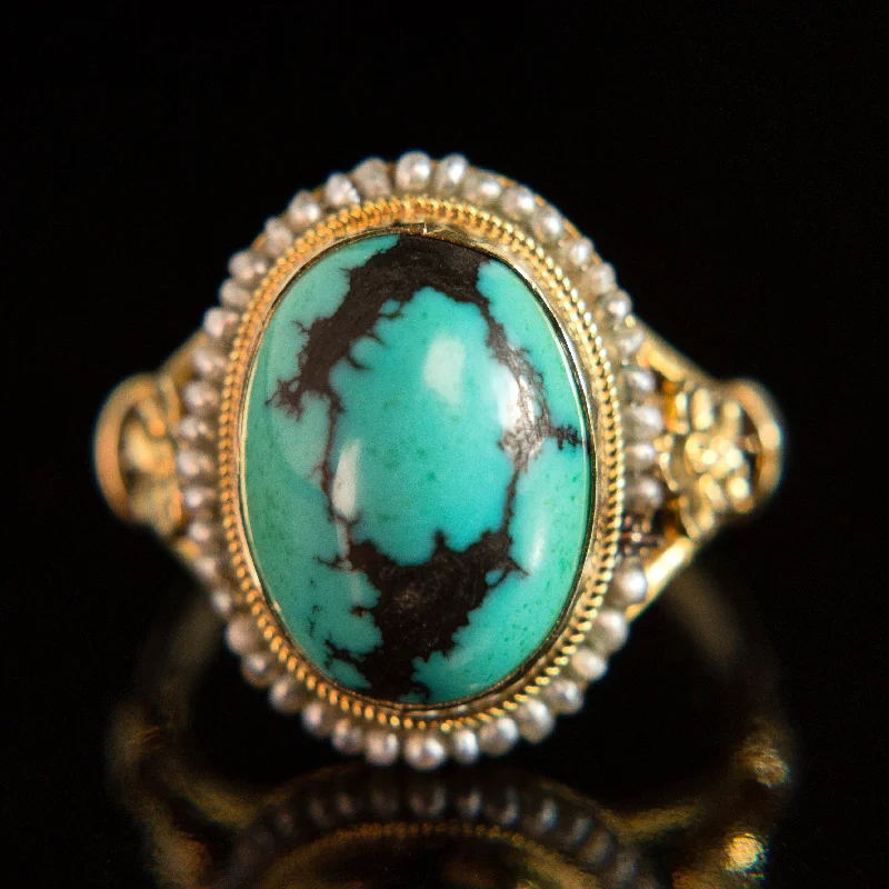 Ladies round diamond ring-Turquoise Cabochon + Seed Pearl Halo Ring | 14k Gold