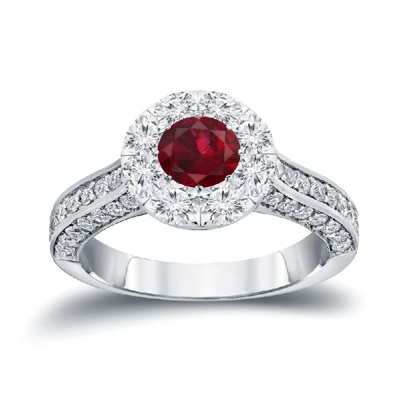 Ladies engagement rings with big diamonds-Auriya 1/2ct Red Ruby and 1 1/4ct TDW Diamond Halo Engagement Ring 14k Gold (H-I, I1-I2)