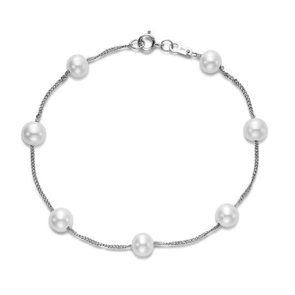 Ladies gemstone charm bracelet-5.5-6mm White Freshwater Pearl Bracelet in 14K White Gold