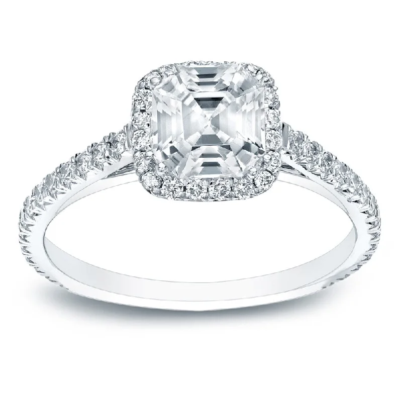 Ladies radiant cut engagement rings-Auriya Platinum 1 1/2ctw Asscher-cut Halo Diamond Engagement Ring Certified