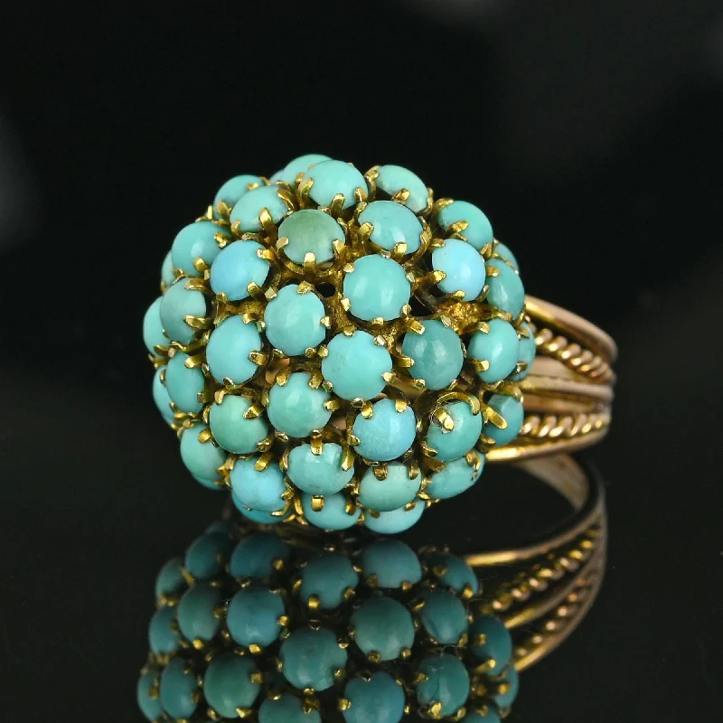 Ladies vintage-inspired ring-14K Gold Persian Turquoise Cluster Bombe Dome Ring