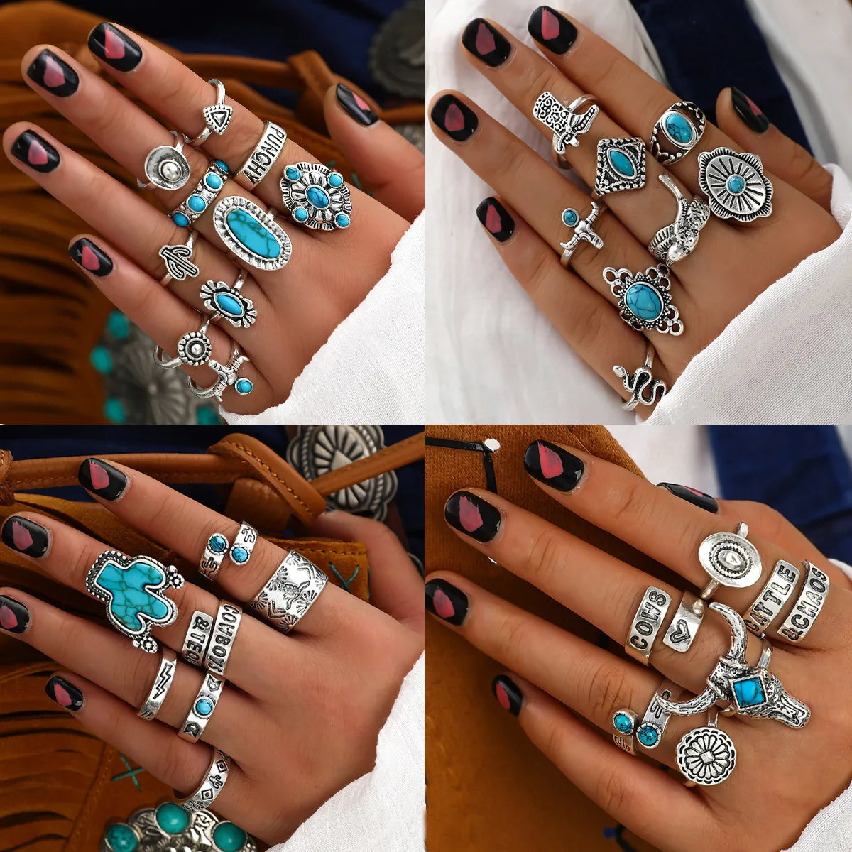 Ladies wedding ring-Cowboy Style Cactus Alloy Inlay Turquoise Women's Rings