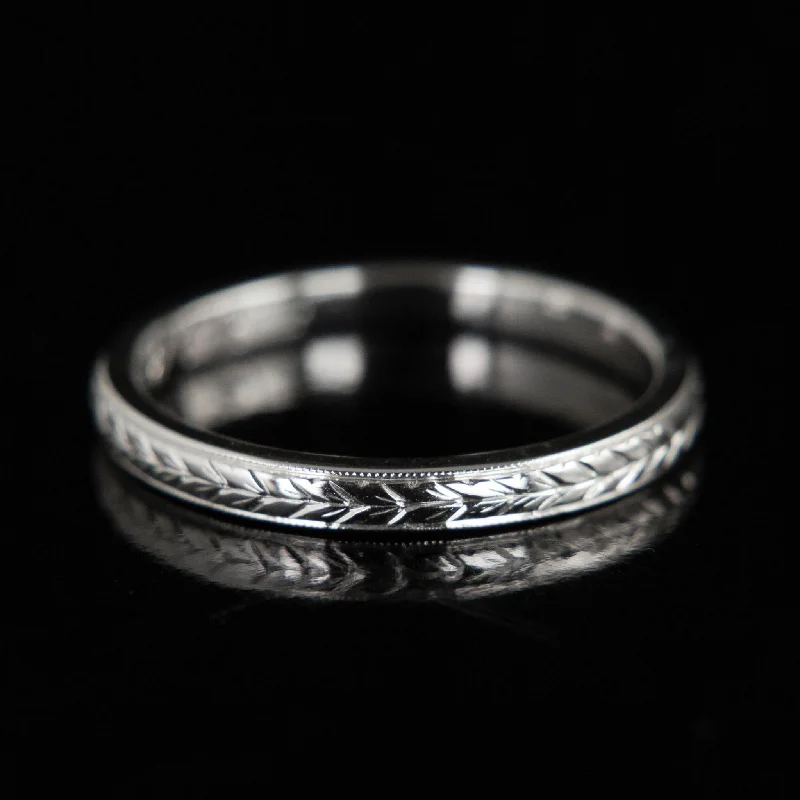 Ladies cubic zirconia ring-Antique Hand Engraved Band |14k White Gold | circa 1928