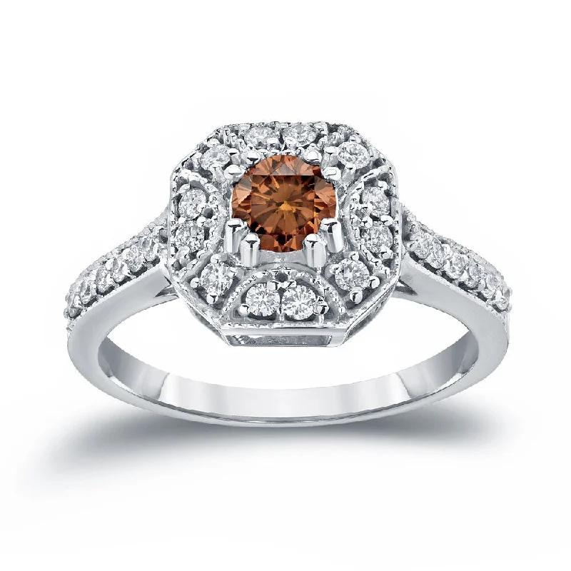 Ladies two-tone engagement rings-Auriya Vintage Brown Diamond Halo Engagement Ring 3/4ct TW 14k Gold (I1-I2)