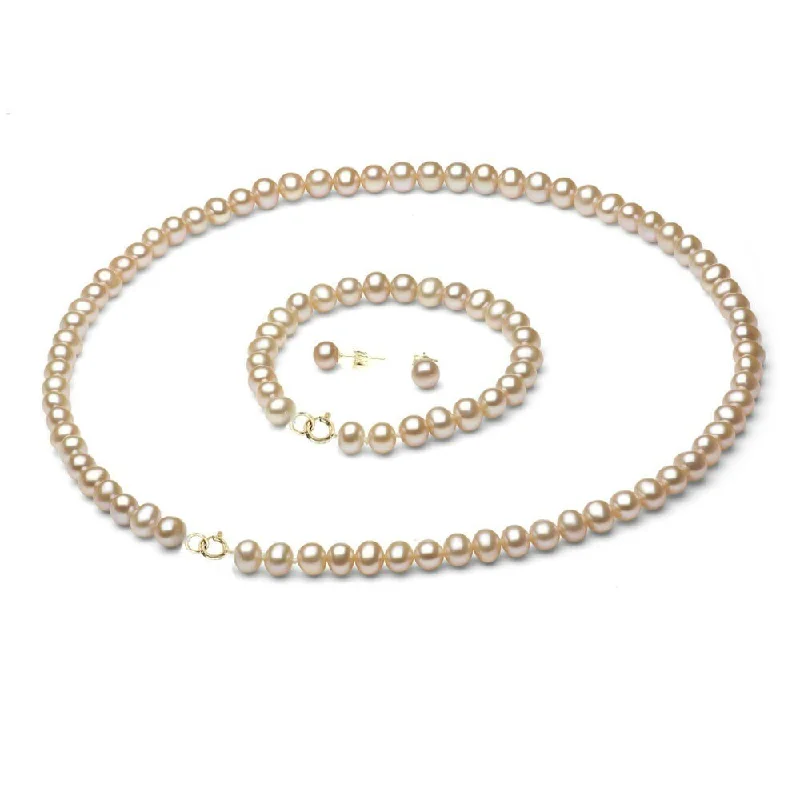 Ladies gold-plated bracelet-DaVonna 14k Gold 6-7 mm Freshwater Pearl Necklace Bracelet and Earring Set (Case of 3) - Pink