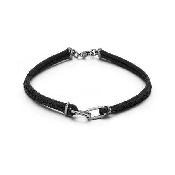 Ladies engraved bracelet-WALTERS FAITH Saxon Sterling Silver and Black Rhodium Double Link Leather Bracelet